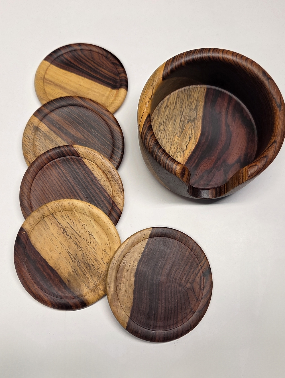 Handturned Cocobolo Wooden Coaster Set 5 Coasters Plus Holder MCM